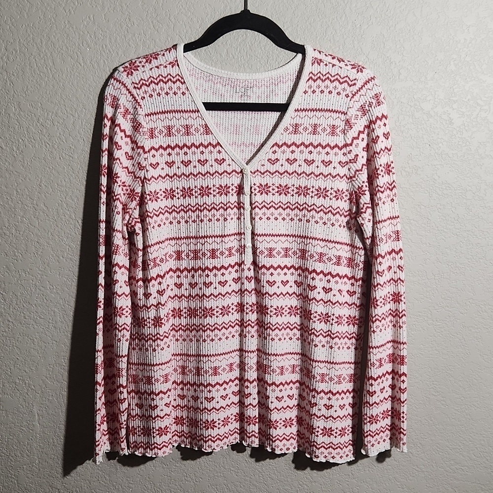 Loft Top Womens Sleep Shirt Size L Snowflake Heart Waffle Knit